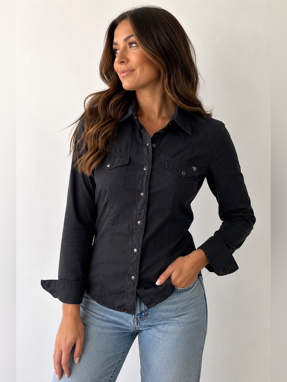 Guess Black Western-Style Snap-Front Dress Shirt Women's Size Small Riding Rodeo